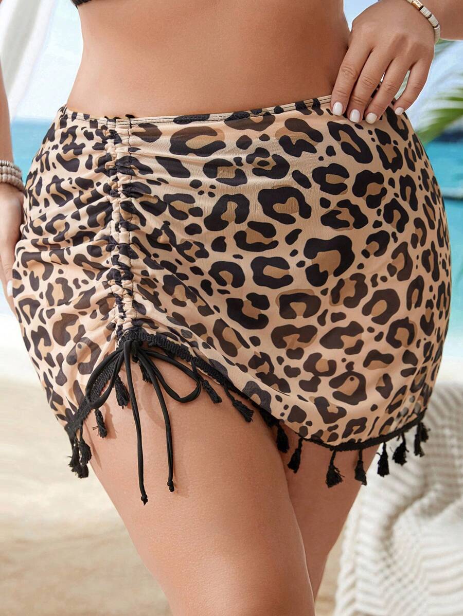 Ariqdhaksinargha Falda cubre todo estampado de leopardo con cordón ajustable, talla grande para mujeres, ideal para vacaciones de artista, playa de verano, festivales, Ibiza