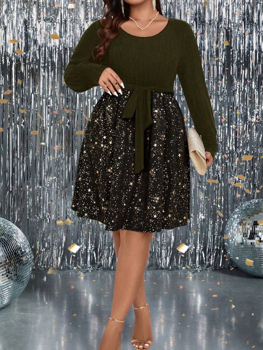 SHEIN Clasi Plus Size Star Printed Splice Lace-Up Dress