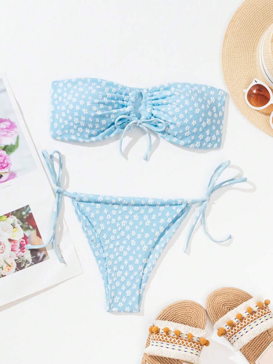 SHEIN Swim Women'S Ditsy Floral Strapless Bikini Set With Printed Ribbon Summer