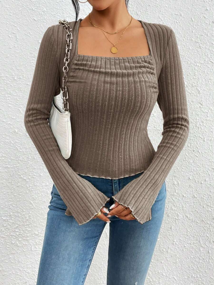 SHEIN Essnce Camiseta De Manga Larga De Canalé Para Mujer