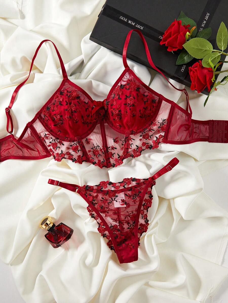 Conjunto De Lingerie De Suti E Calcinha Flores Bordadas Em Tule Para Mulheres Shein Pt