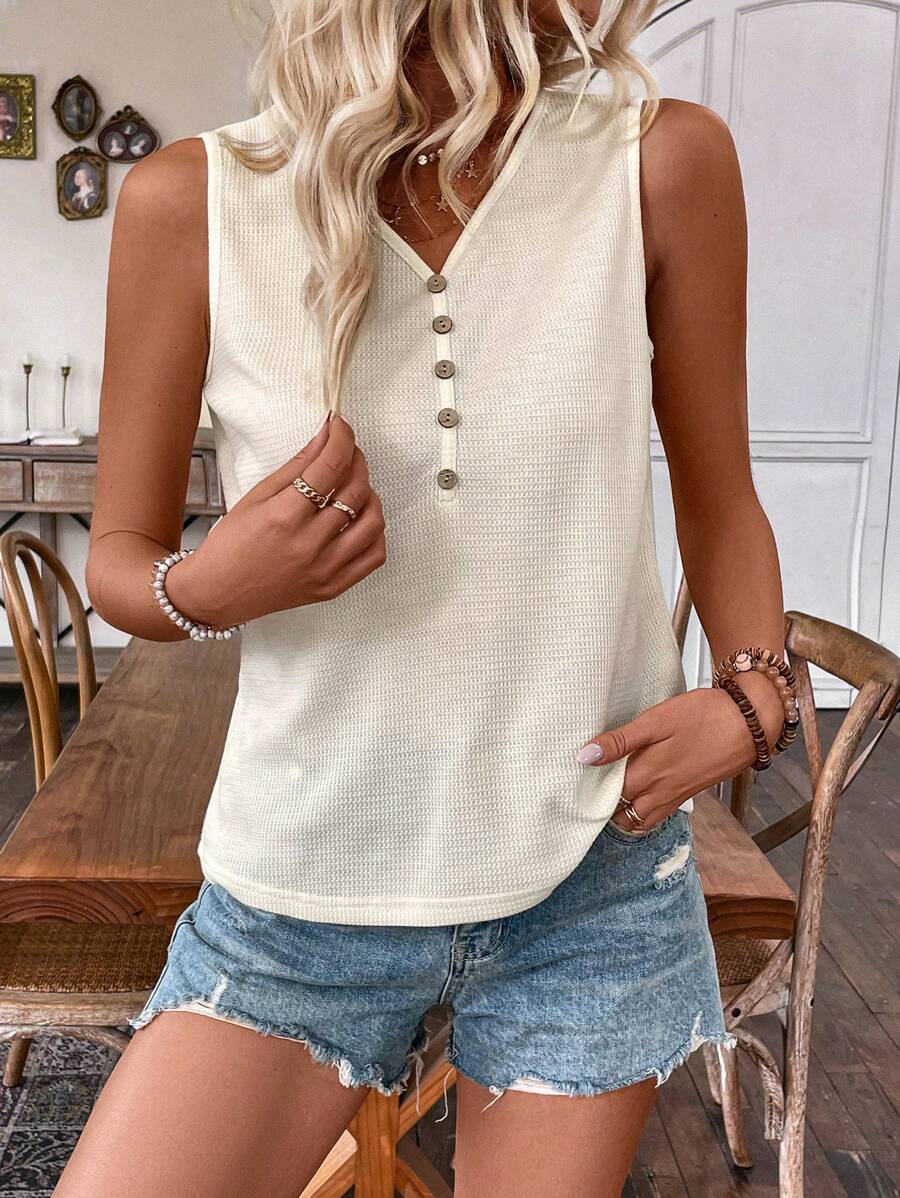SHEIN LUNE Ladies' Solid Color Button Detail Tank Top