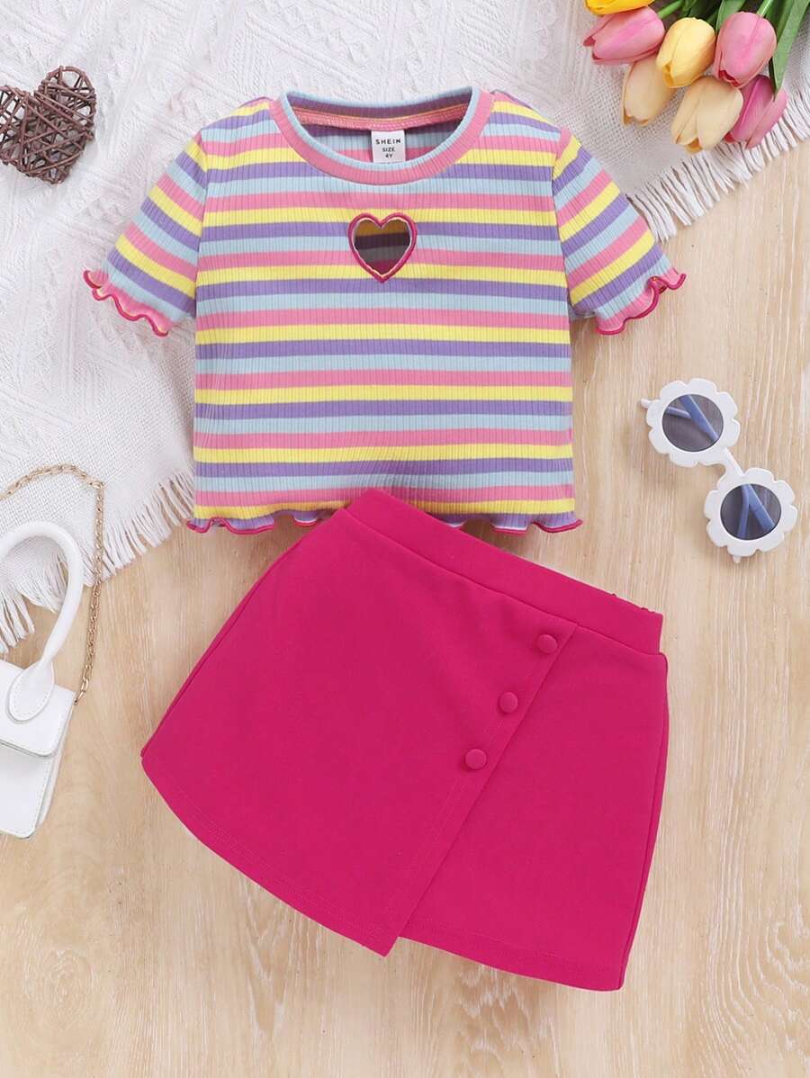 SHEIN Young Girl Daily Sweet And Cool Striped Round Neck Short-Sleeved Top And Skirt