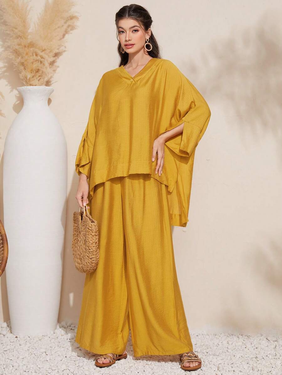 Mulvari Women'S Solid Color Batwing Sleeve Two-Piece Set 2 Piece Set
