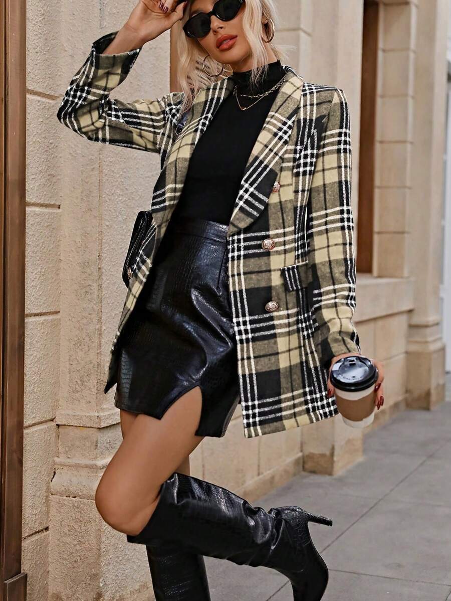 SHEIN Frenchy Plaid Shawl Collar Double-Breasted Coat