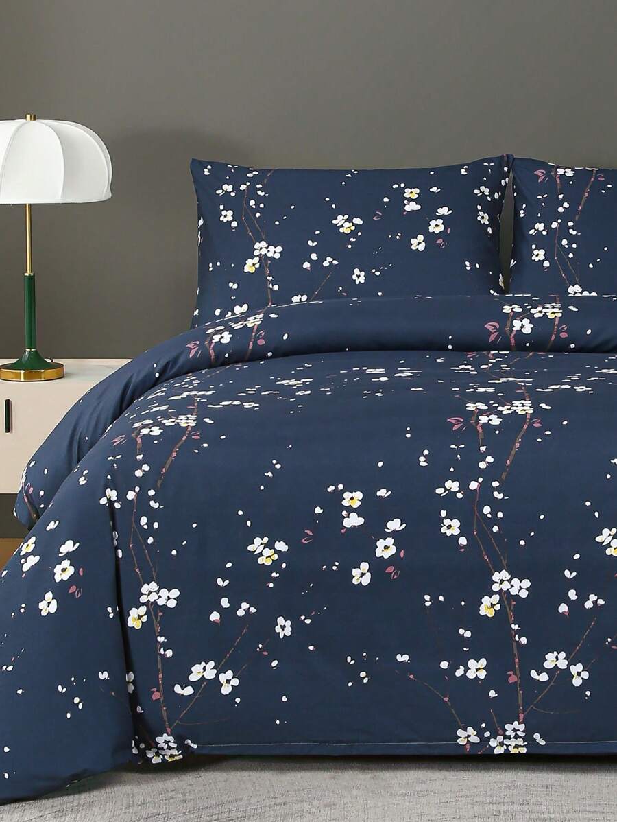 3 pièces Set de literie, microfibre, motif géométrique et floral, 1 housse de couette + 2 taies d'oreiller