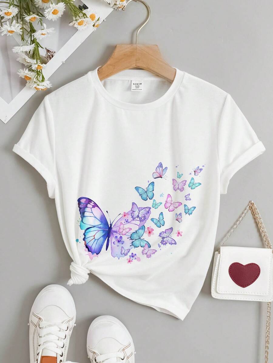 SHEIN Tween Mädchen-t-shirt Mit Schmetterlingsdruck, Lässig, Einfach, Kurzärmelig