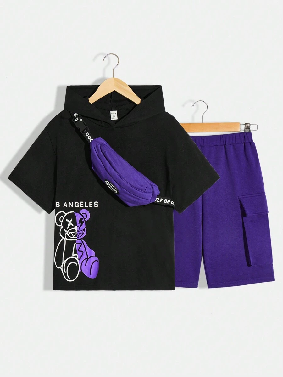 Tween Jungen 3-teiliges Set mit lässigem Kapuzenpullover mit Bärenmuster und lockerem Kurzarm-Oberteil, einfarbiger Hose und Tasche sowie Strickstoff