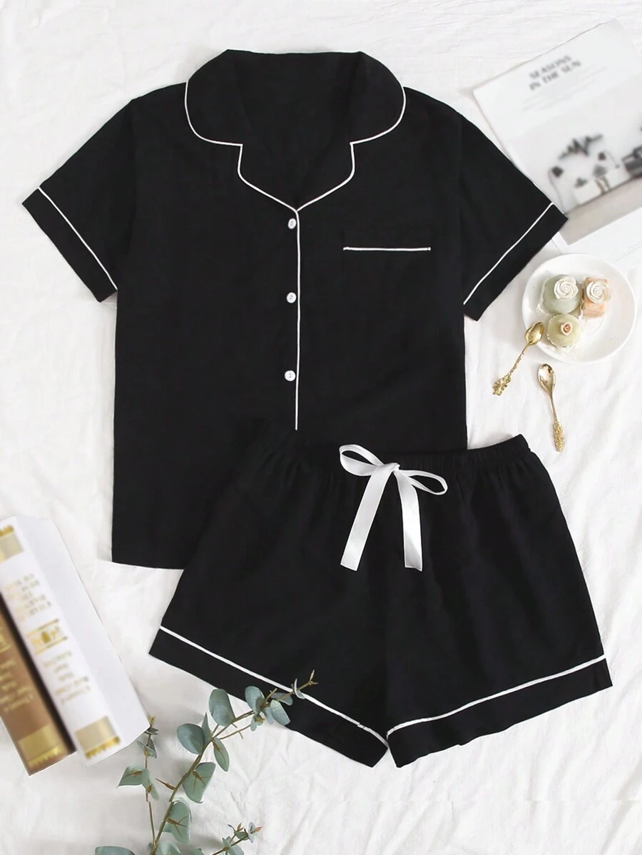 Lapel Contrast Binding Tie Front PJ Set / Pajama Set, Vacation