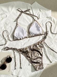 Swim SXY Conjunto de bikini con patrón de serpiente cuello de halter y lazada para atarse para