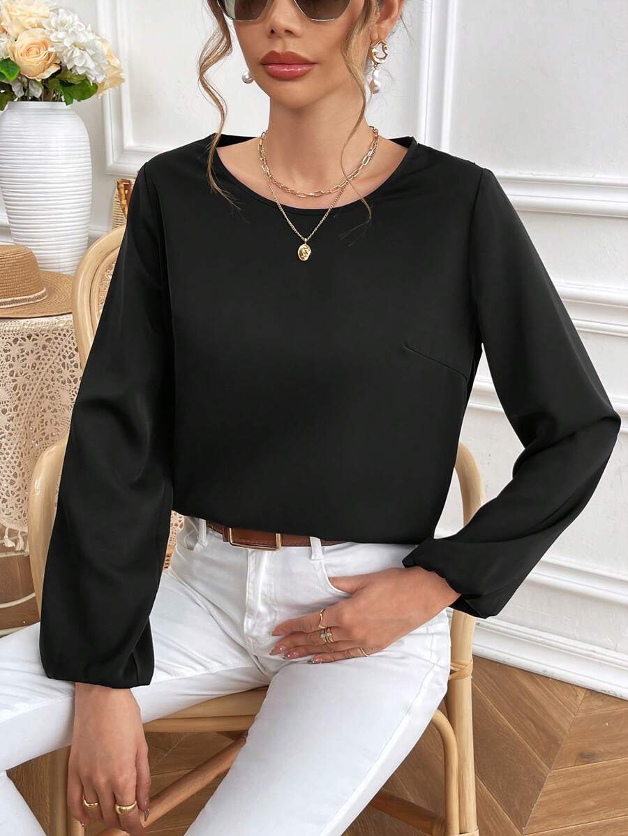 SHEIN Frenchy Comfortable And Skin Friendly Satin Fabric, With A Romantic And Elegant Lace Back Stitching Design, And A Versatile Black Pullover Top