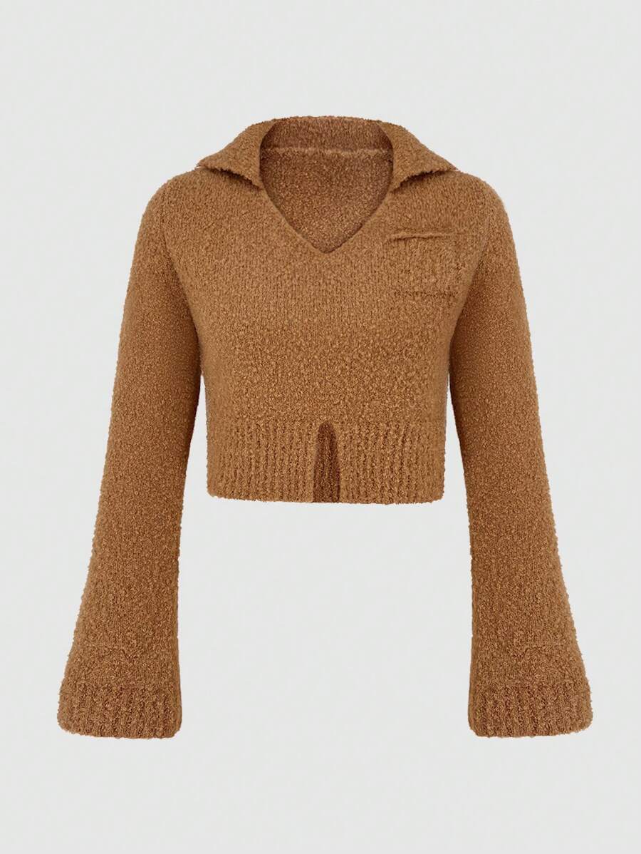Flirla Khaki Color Short Flare Sleeve Sweater