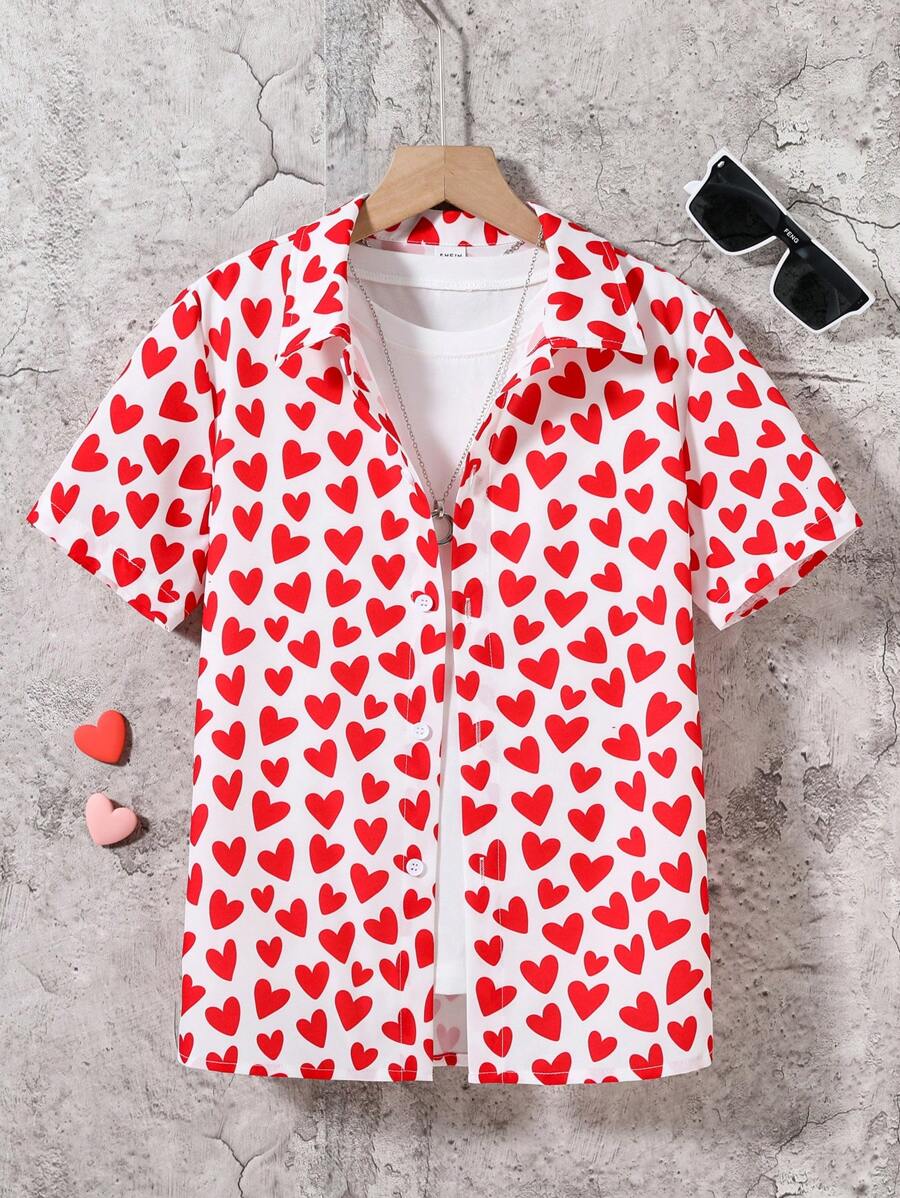 SHEIN Tween Boys' Casual Heart Printed Short Sleeve Shirt