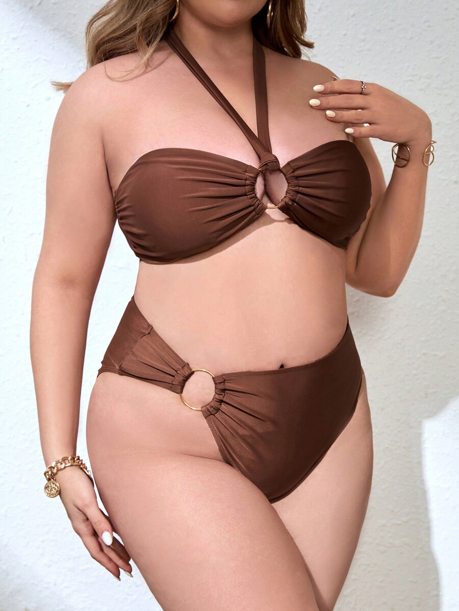 SHEIN Swim Curve Plus Size Women S Halterneck Tie Back Bikini Set Swimsuit Bathing Suit For