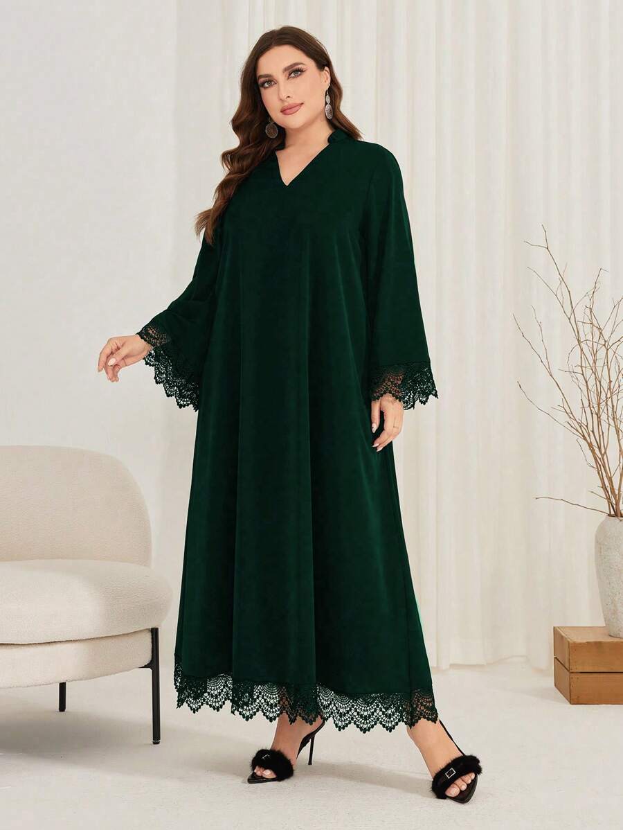 Al Najma Plus Size Women's Lace Patchwork V-Neck Dress