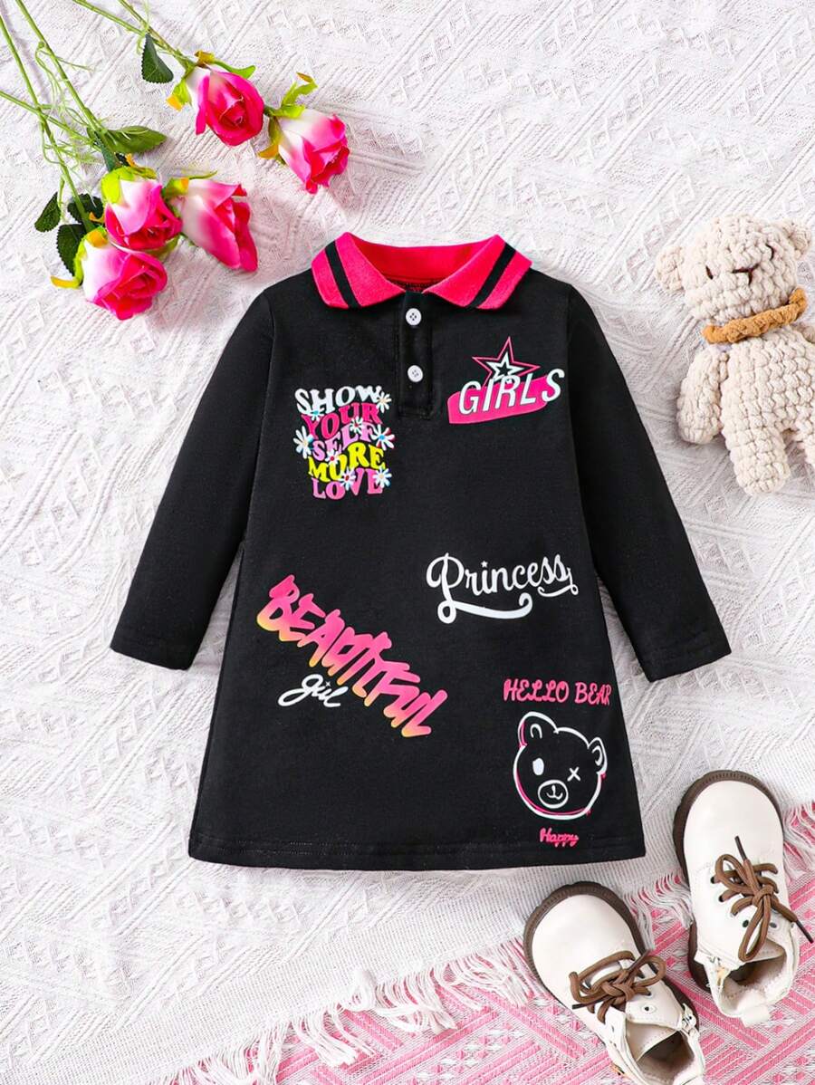 Baby Girl Casual English Letter Printed Long Sleeve Sweatshirt Dress With Collar