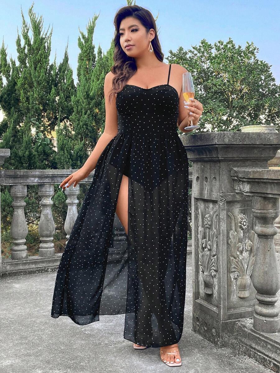 SHEIN Belle Women's Plus Size Polka Dot Print Slit Cami Dress
