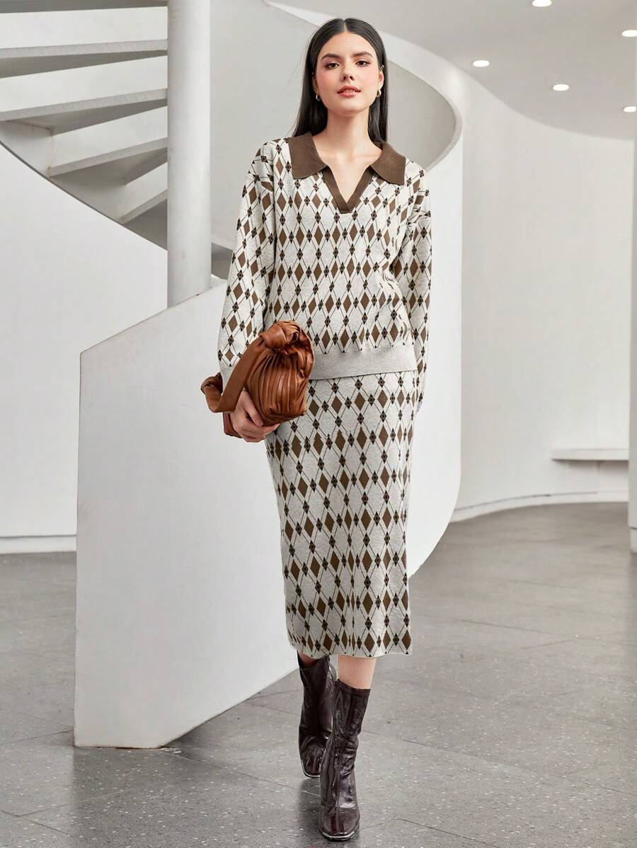 Mulvari Women'S Geometric Print Collar Sweater And Skirt Two-Piece Set 2 Piece Set