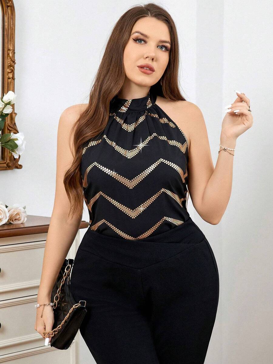 SHEIN Privé Chemise Sans Manches À Bretelles Licou Bronzantes Élégantes Pour Femmes De Grande Taille
