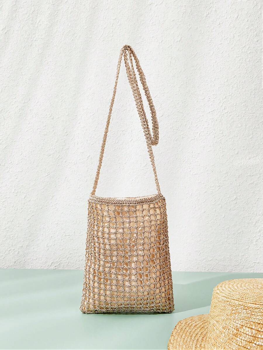 SHEIN VCAY Bolsa De Praia De Verão Trançada E Vazada, Bolsa De Palha Trançada, Bolsa De Tecido Trançado, Perfeita Para Viagem De Verão, Ao Ar Livre E Férias