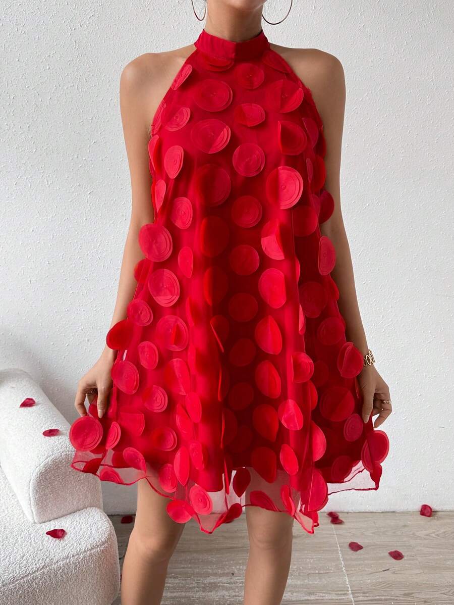 Calvaya Women's Three-Dimensional Flower Halter Neck Dress For New Year Clothes