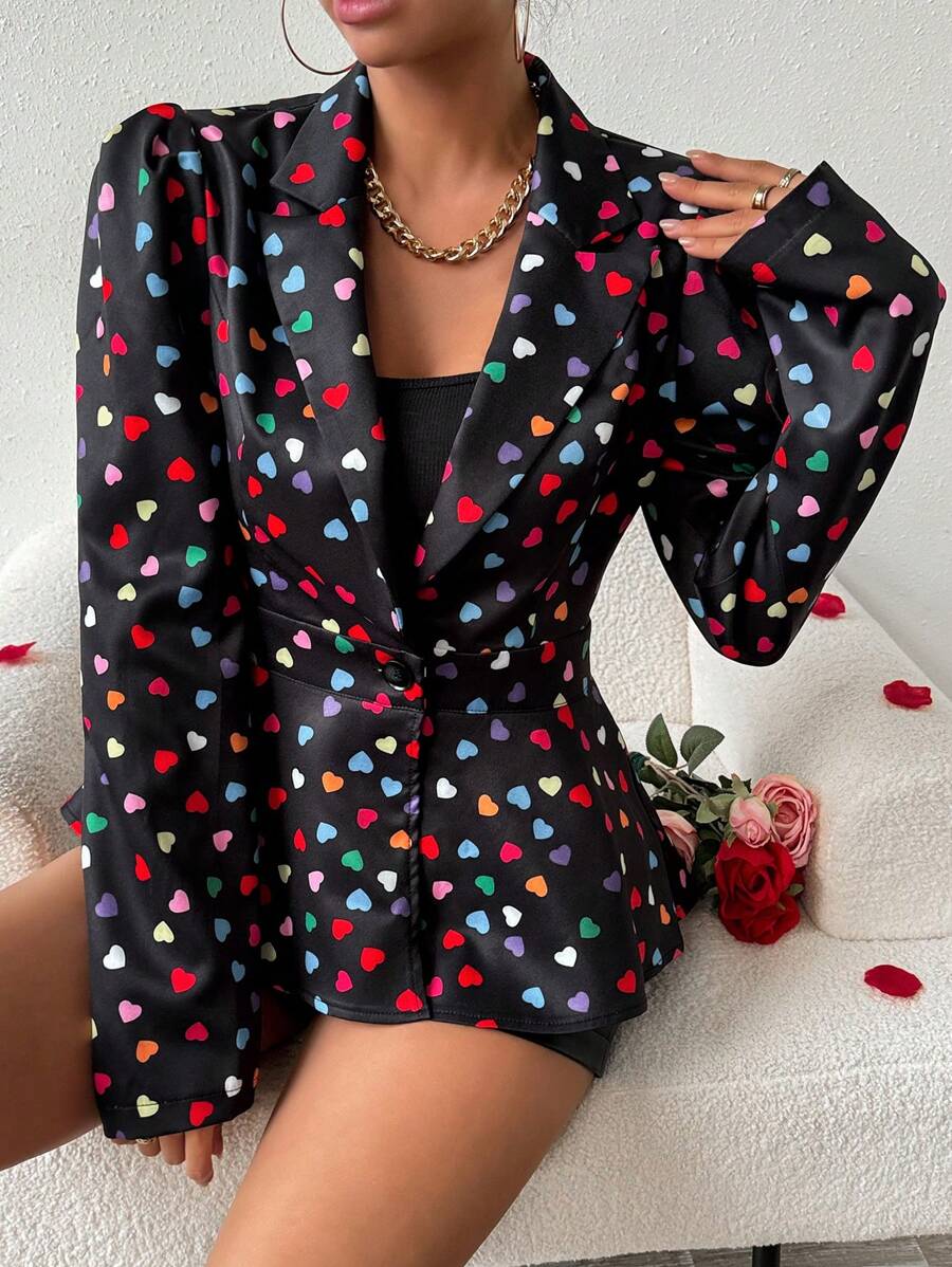 Calvaya Heart Print Lapel Collar Blazer Jacket