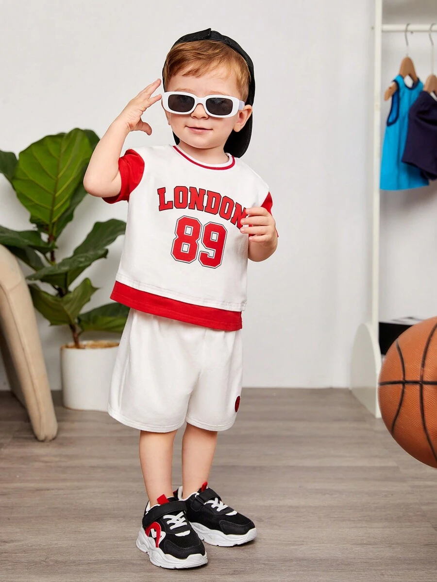 SHEIN Conjunto De Pantalones Cortos Y Top De Manga Corta Con Bloques De Color Deportivo Con Estampado De Letras Para Bebé Niño Y Niño