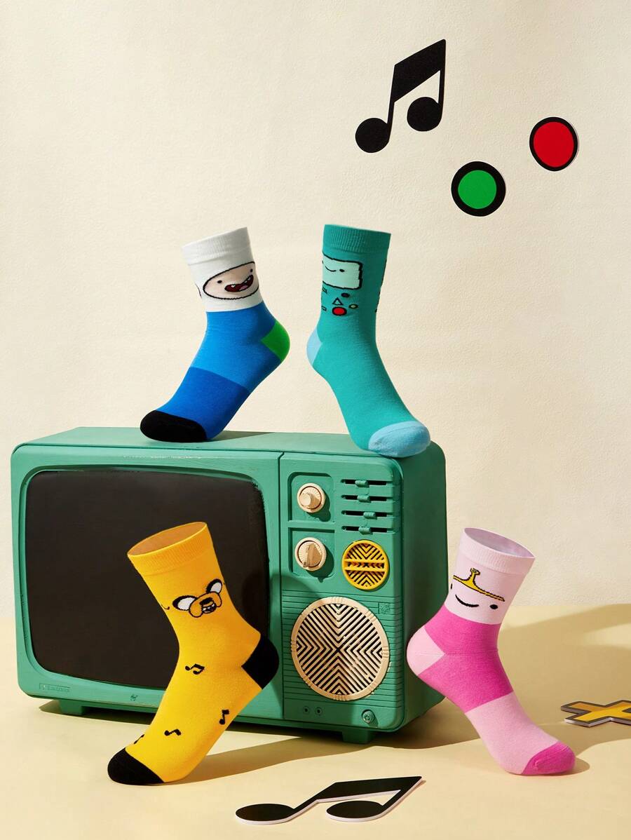 ADVENTURE TIME X SHEIN 4 Pairs/Set Women's Cartoon Graphic Crew Socks, Gifts