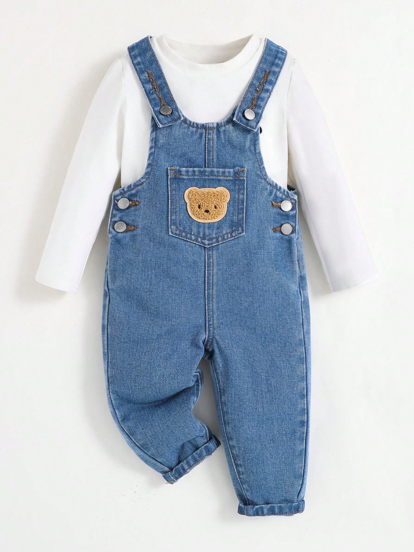 SHEIN Infant Boys' Denim Overalls With Bear Applique