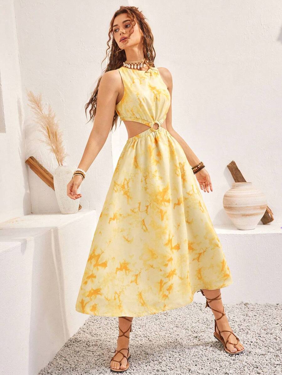 Bohemela Women'S Tie Dye Waist Cutout Dress