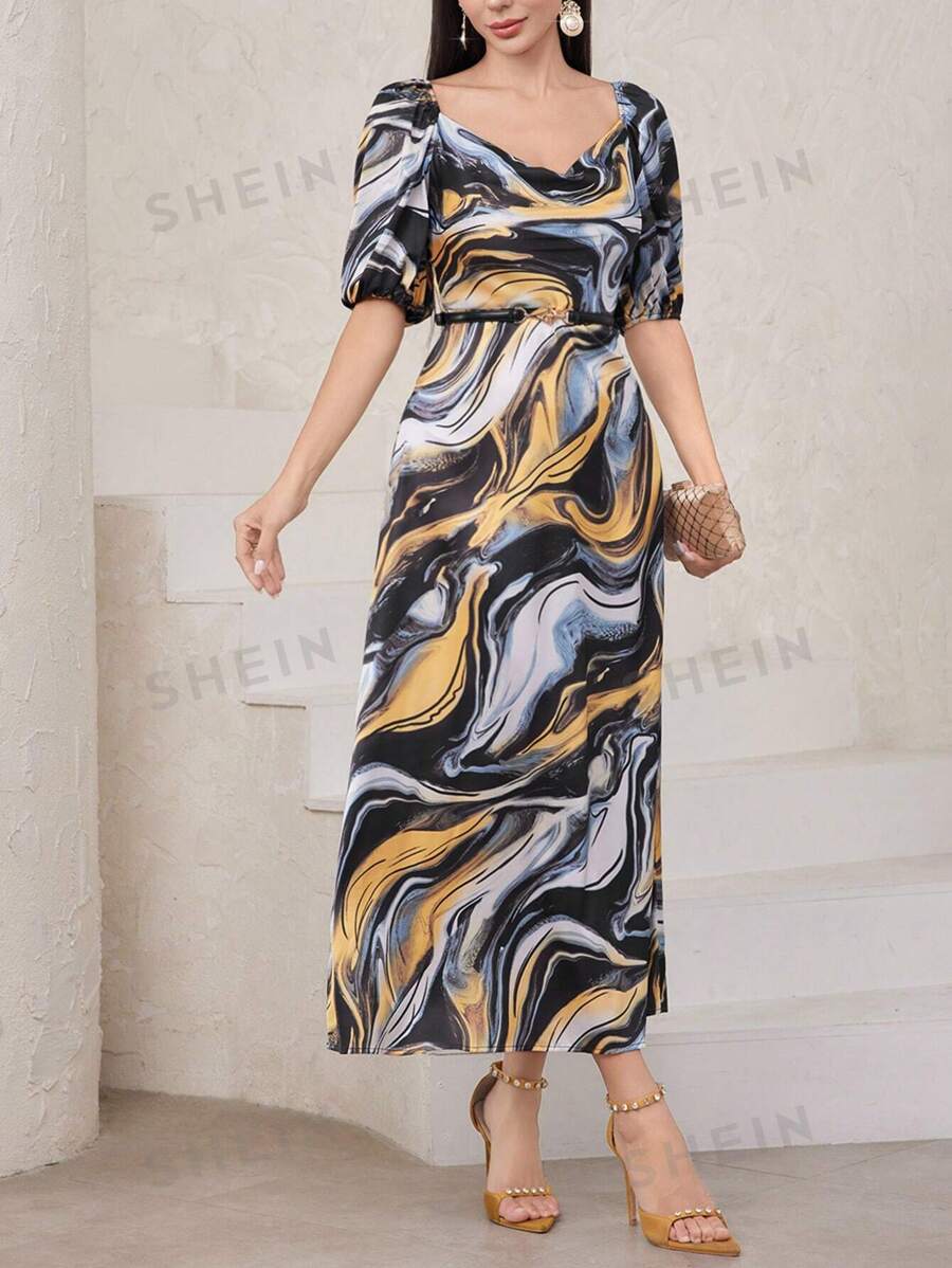 Modelyn Vestido De Manga Corta Abullonada Con Estampado Integral