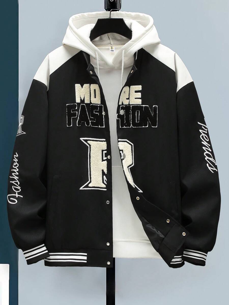 Manfinity Homme Men's Letter Print Contrast Color Baseball Jacket, Casual Autumn