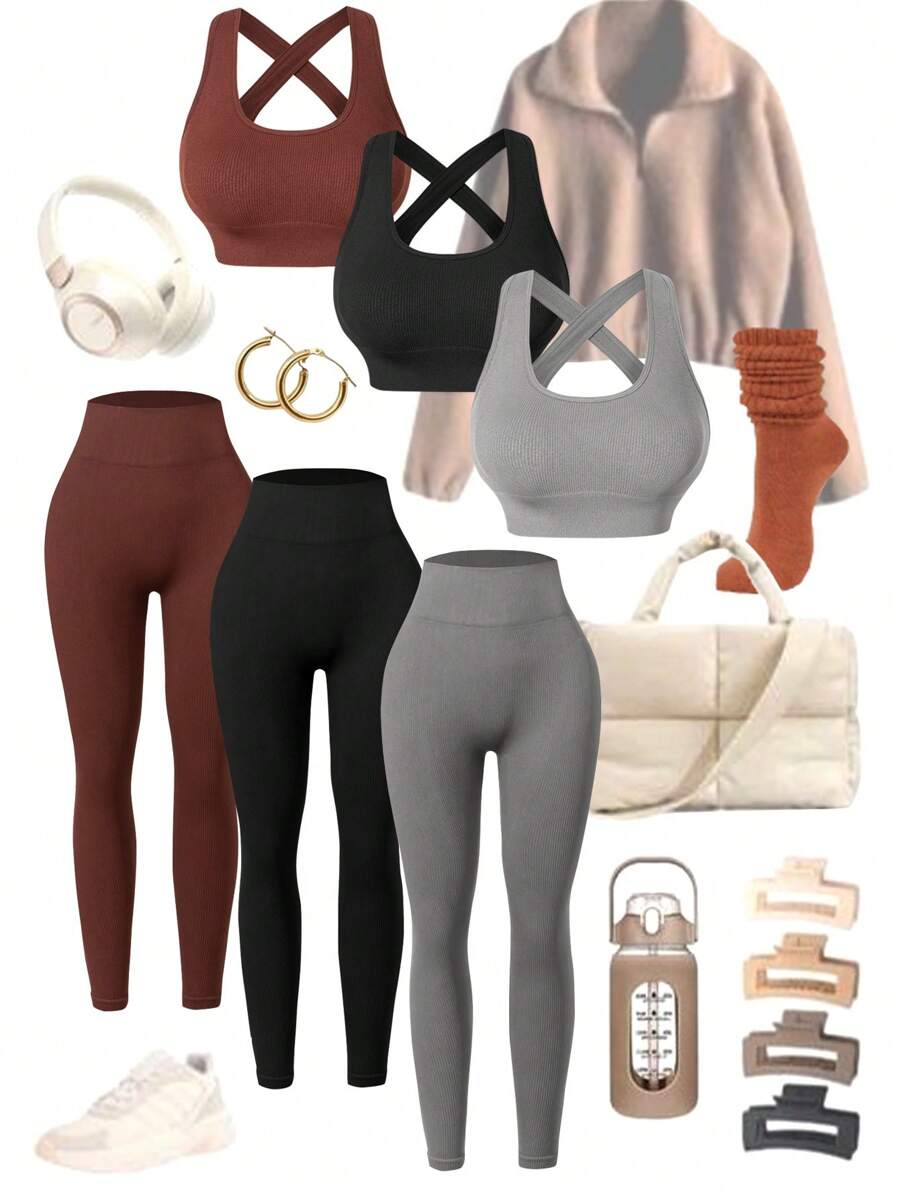 Easify SHEIN Sport Cross Back Bra And Wide & Leggings Yoga Ribbed Workout Set Outfit Set Workout Women Setwomen Workout Set Women Leggings Set Gym Women Outfit
