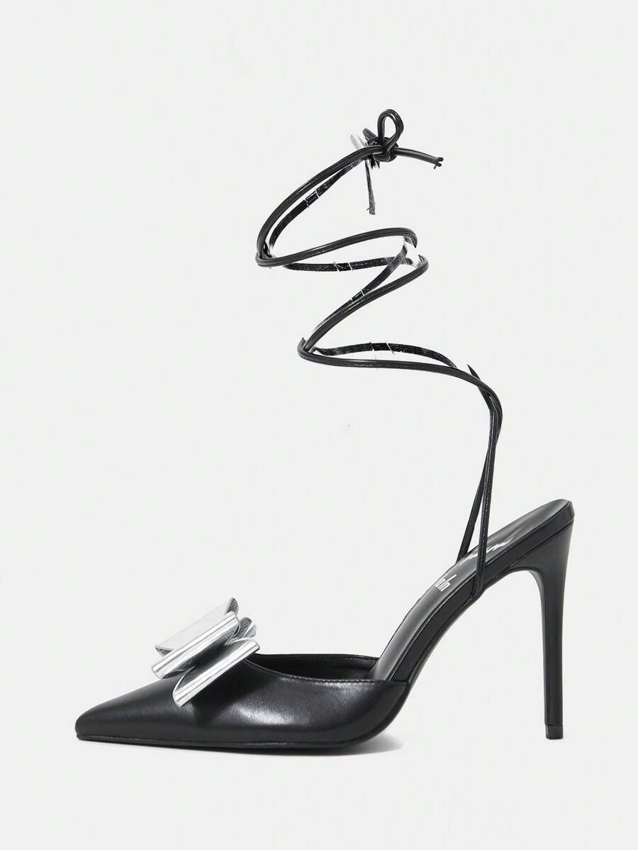 Black Pu Leather & Silver Bowknot Decor Sexy Fashion Women's High-heeled Lace-up Sandals
