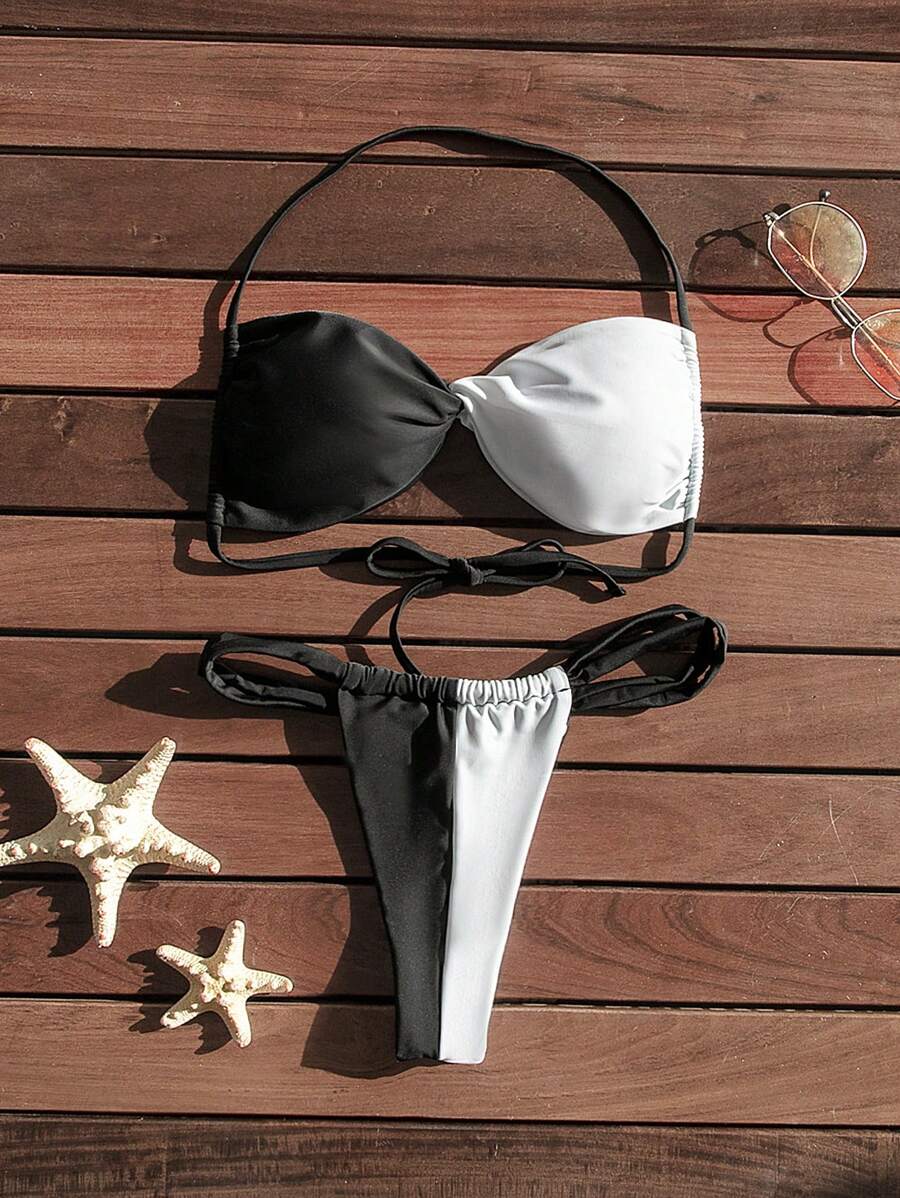 Conjunto De Bikini Negro Y Blanco Con Detalle De Torsión Moda de Mujer SHEIN México