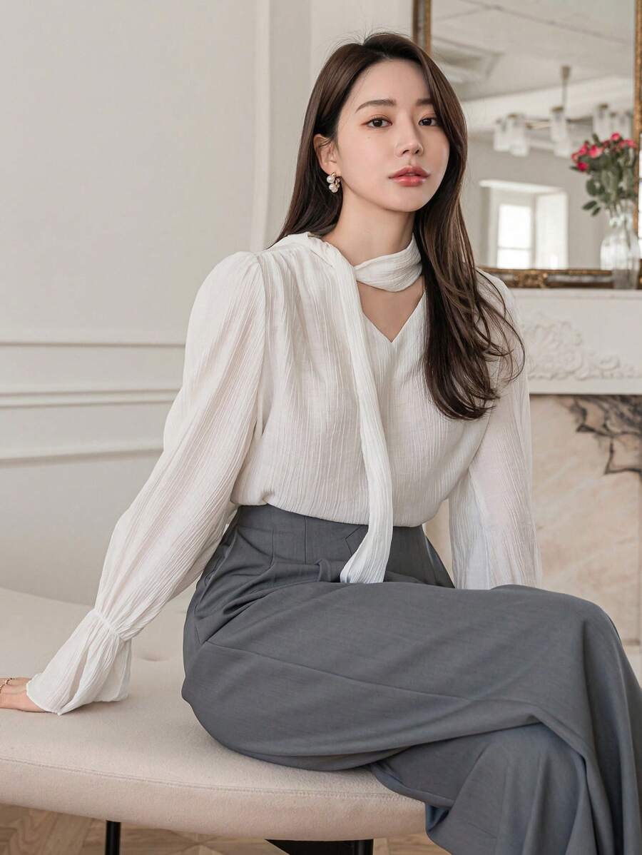 DAZY Tie-Neck Flare Sleeve Blouse,Fall Clothes