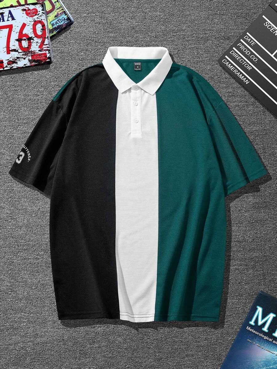 Manfinity Hypemode Camiseta De Polo Para Hombres De Ajuste Holgado Con Estampado De Letras Y Mangas Cortas De Color Contrastante