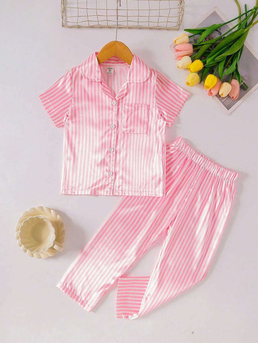 SHEIN Young Girl Comfortable Pink Striped Short Sleeve Shirt And Pants Set For Leisure