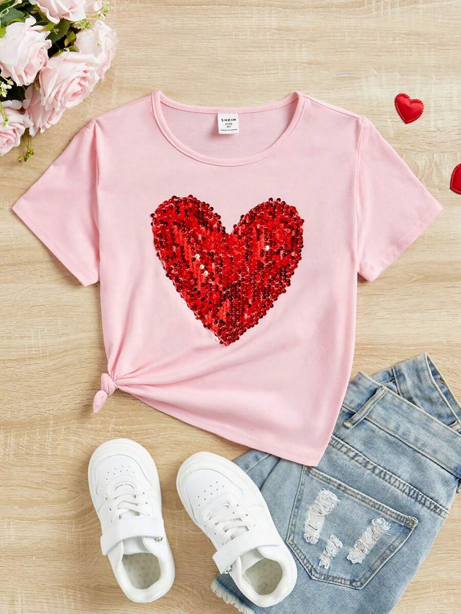 SHEIN Tween Girls' Sequin Heart Detail Casual Short Sleeve T-Shirt