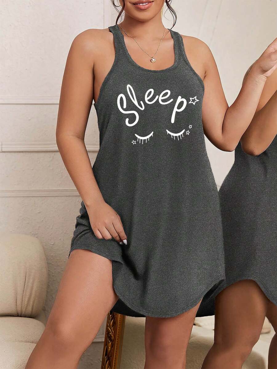 Pijama vestido de noche informal con estampado de letras y pestañas para tallas grandes