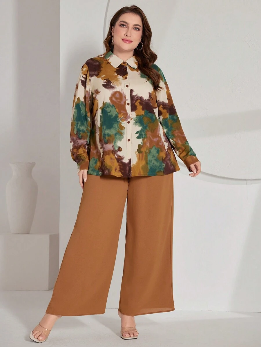 Mulvari Grote maten Vrouwen Tie Dye Patroon Lange mouwen Set van overhemd en broek