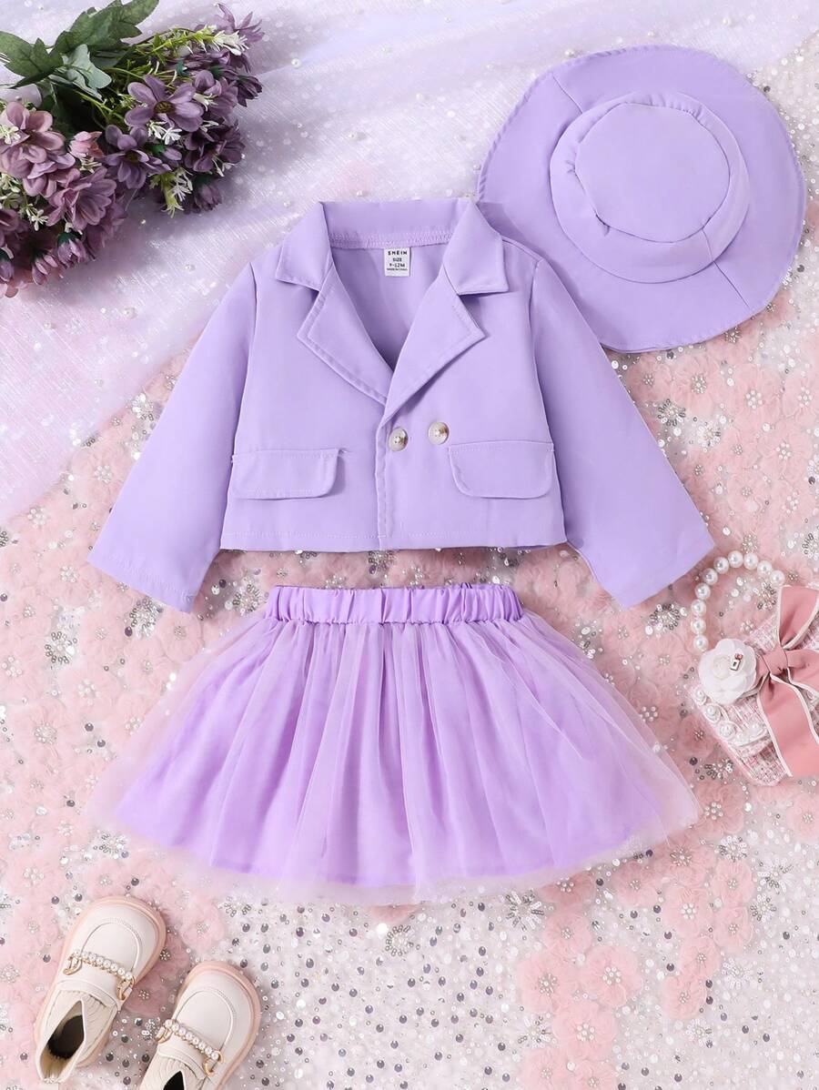 Baby Girls' Suit Jacket, Net Yarn Skirt And Hat Outfit Set For Elegant Parties In Spring And Summer