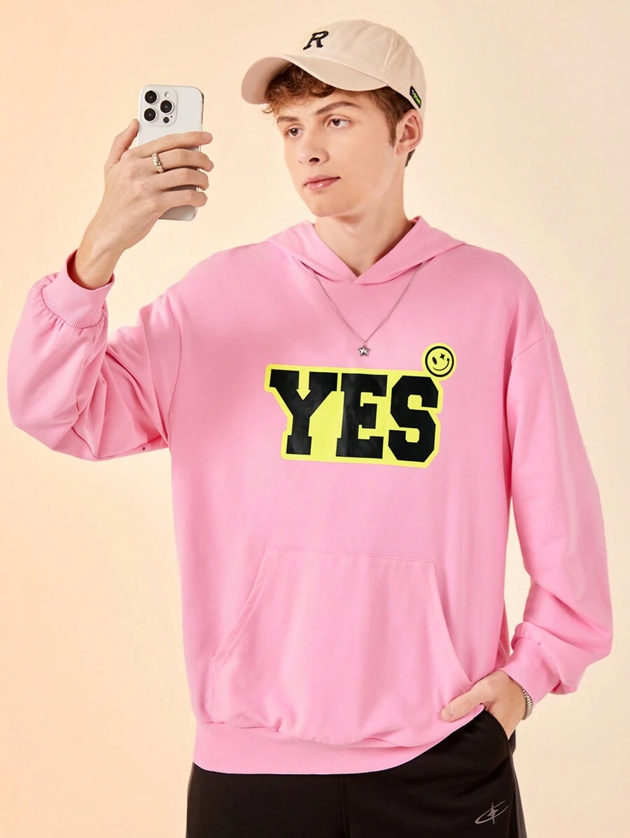 SHEIN Teen Boy Casual Loose English Printed Hoodie, Teenager