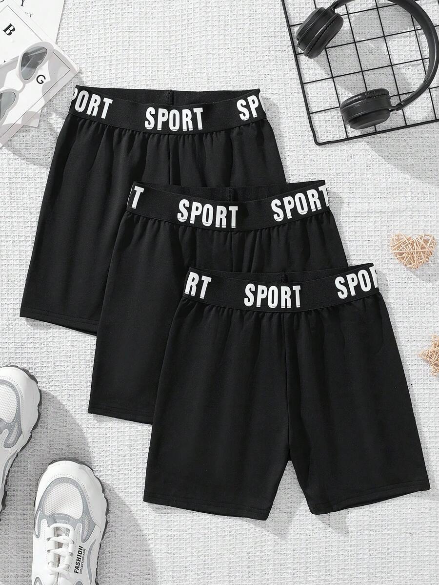 SHEIN Tween-Mädchen 3er-Set lässige Shorts mit elastischer Taille und Buchstaben-Print