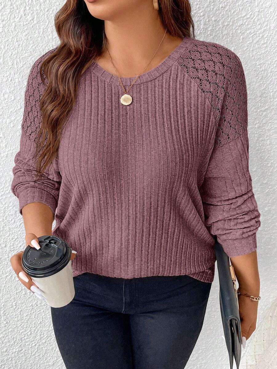 SHEIN Frenchy Plus Size Solid Color Lace Patchwork T-Shirt