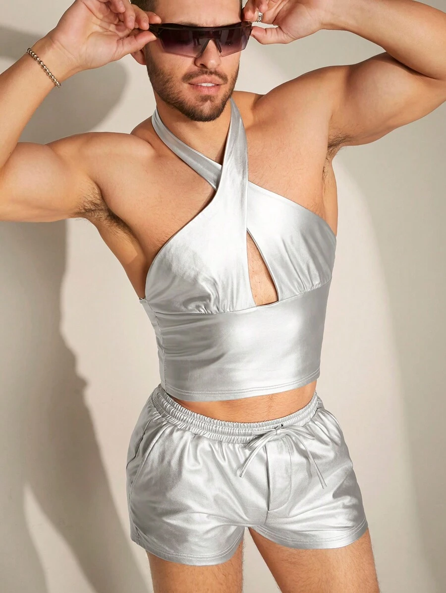 FeverCity Men's Cross-Criss Hollow Out Halter Top And Shorts Set