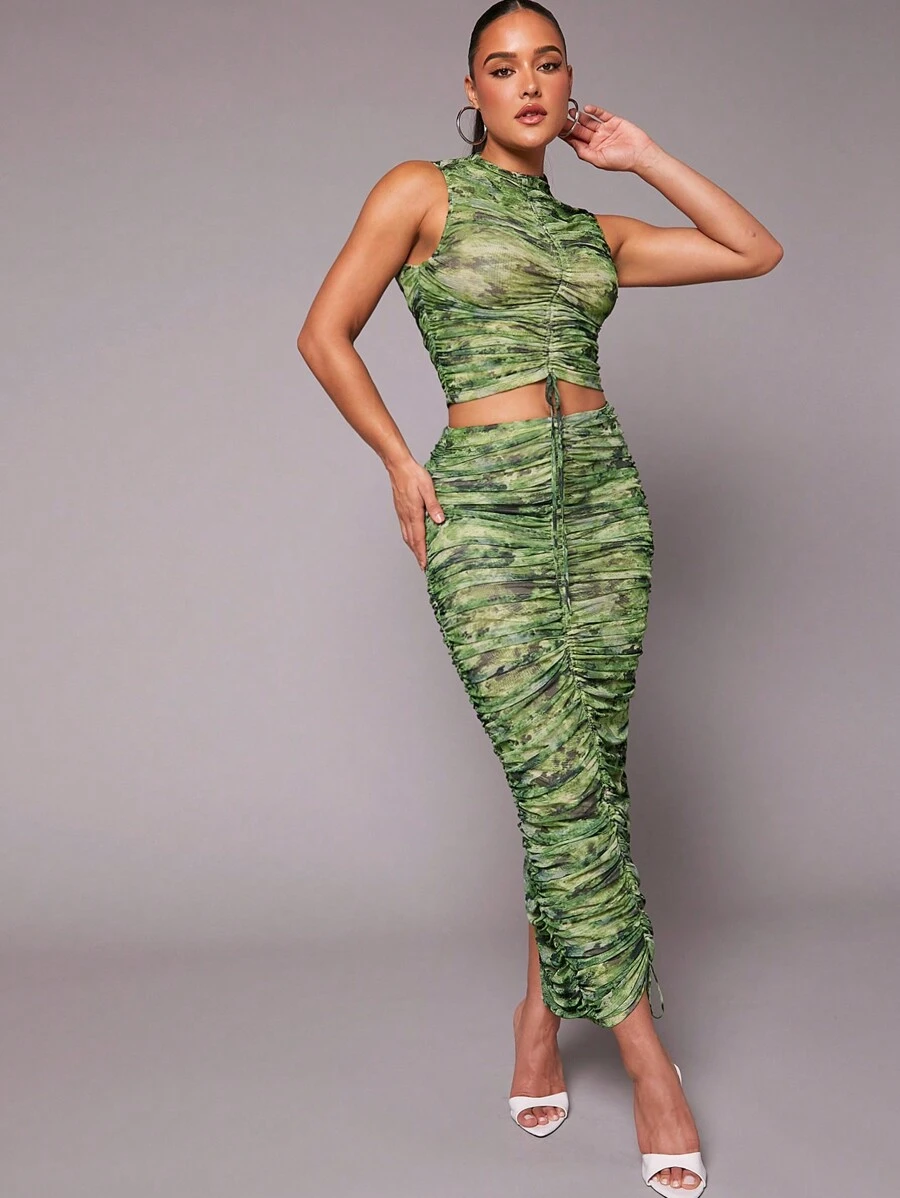 Hauture Tie Dye Drawstring Top & Skirt Two Piece Set