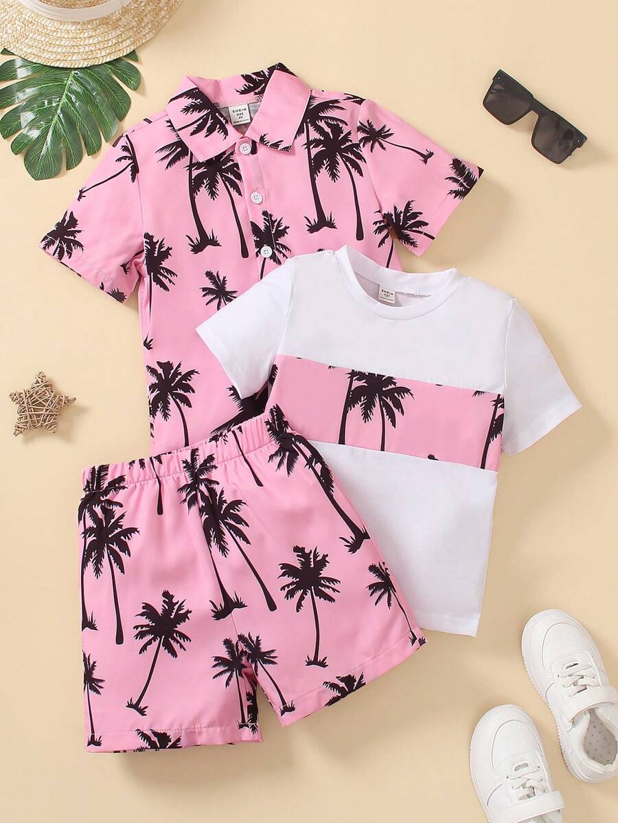 SHEIN 3 Stücke/set Kurzarm Hemd Für Jungen Mit Kokospalmen-muster, Locker Sitzendes T-shirt Und Shorts, Geeignet Für Freizeit- Und Urlaubsstil