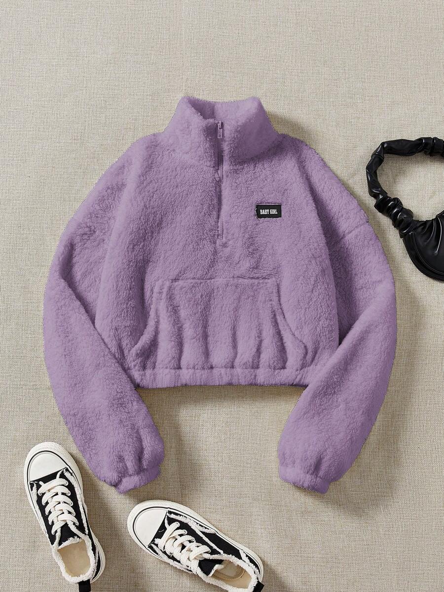SHEIN EZwear Half-Zipper Kangaroo Pocket Teddy Sweatshirt With Drawstring,Long Sleeve Tops