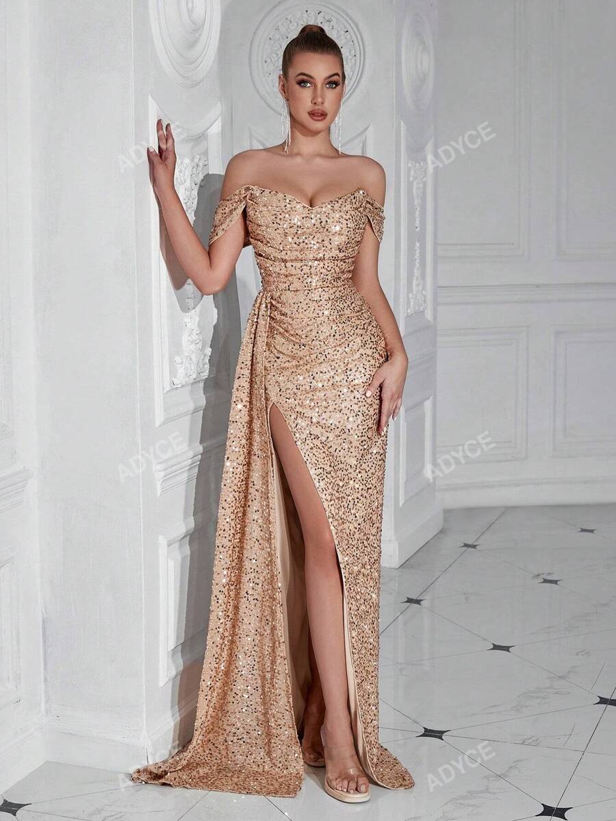 ADYCE Vestido largo de cóctel, fiesta, bienvenida, baile de graduación, cena elegante con abertura alta, plisado, lentejuelas, cinta fluida, elegante y formal para invitada de boda